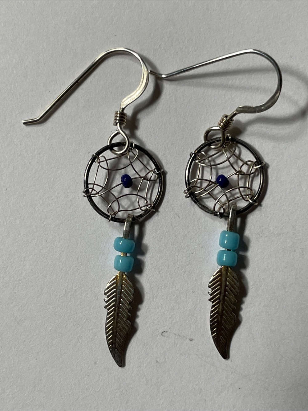 Sterling Dreamcatcher Feather Earrings with Turquoise Glass Beads